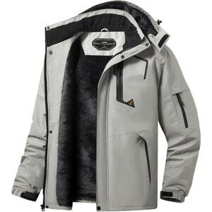 Men's Light Grey Waterproof Winter Warm Snow Coat Fleece Lined Hiking Ski Jacket